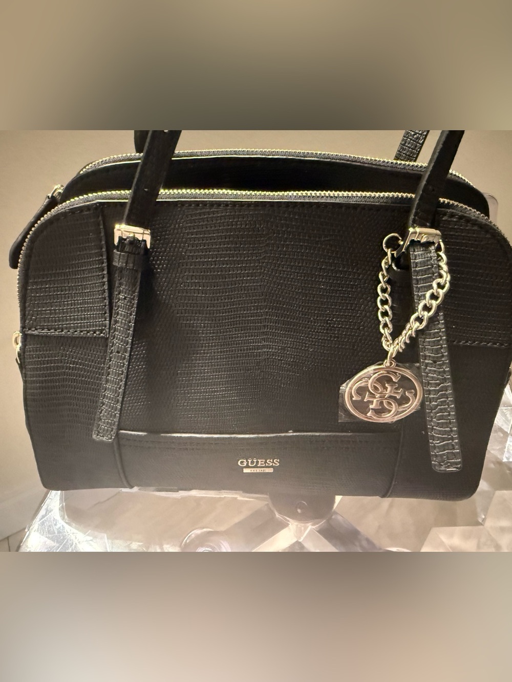 GUESS Black Structured Tote with Logo Charm and Gold Accents